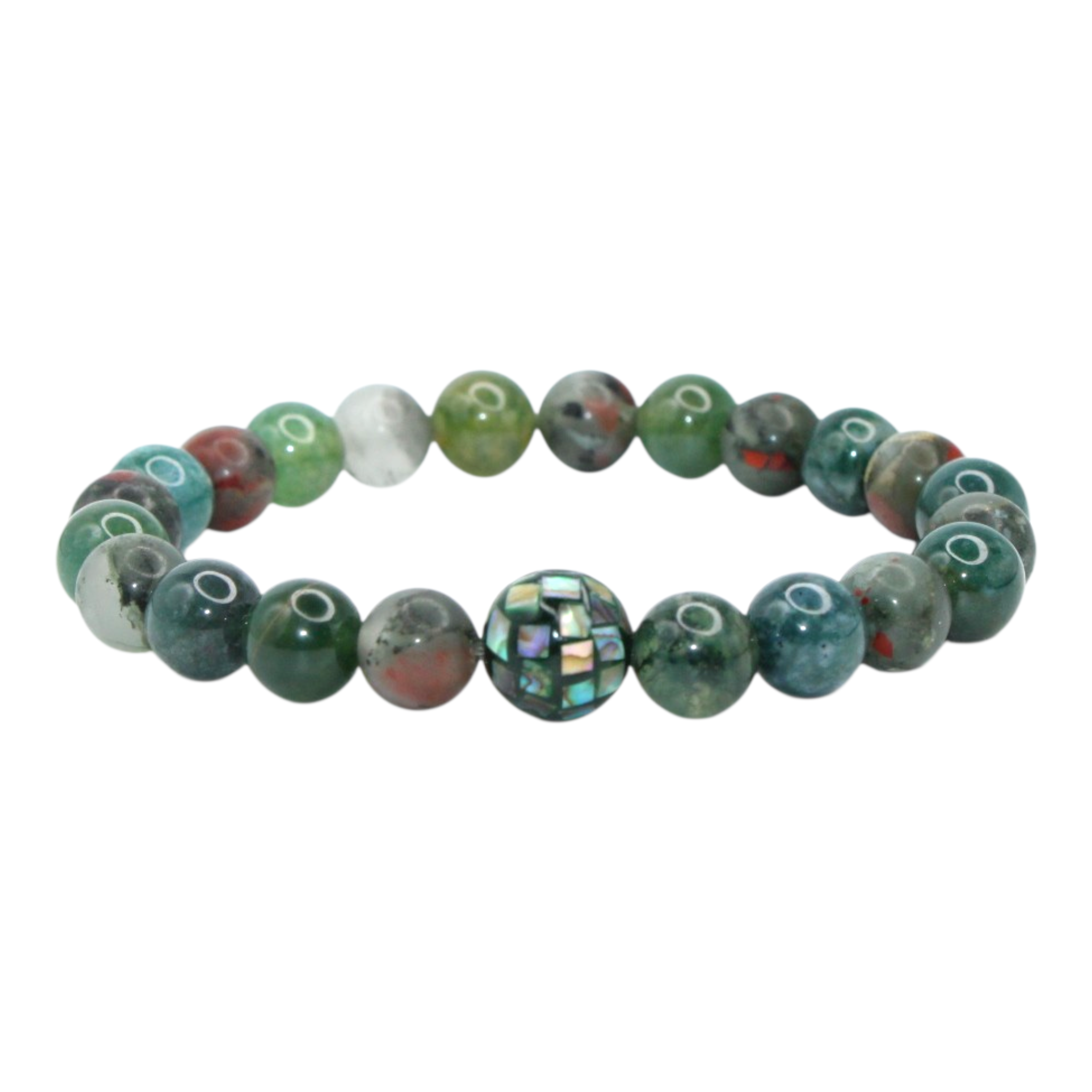 African Bloodstone and Moss Agate Energy Bracelet with Abalone Mosaic Bead