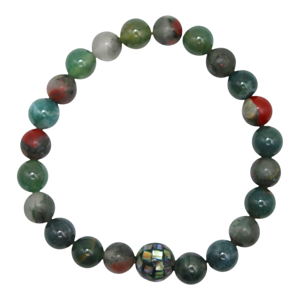 African Bloodstone and Moss Agate Energy Bracelet with Abalone Mosaic Bead