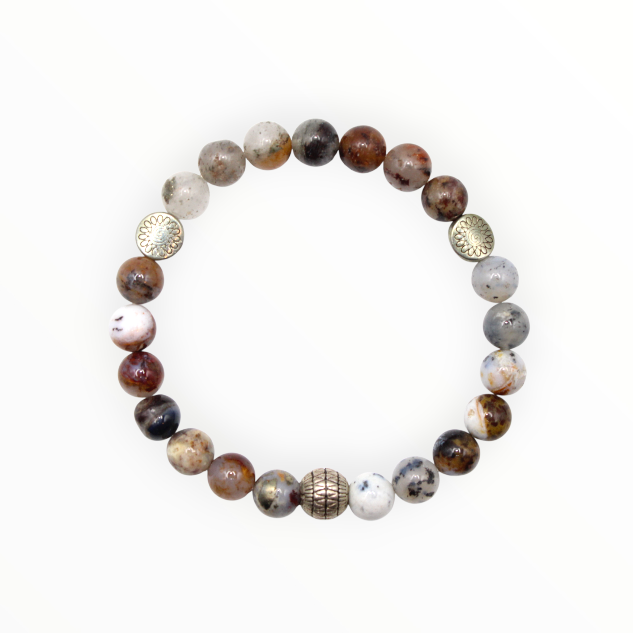Black dendritic opal, pietersite, and lodolite stretch bracelet with silver tone flower spacers and antique silver (plated) basket round bead