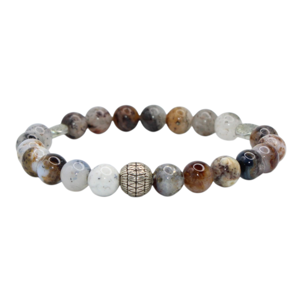Black dendritic opal, pietersite, and lodolite stretch bracelet with silver tone flower spacers and antique silver (plated) basket round bead