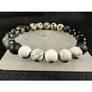 Howlite, snowflake obsidian, black tourmaline, and dalmatian jasper bracelet with lava rock