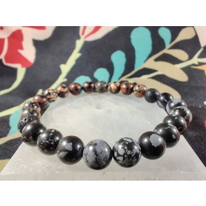 Snowflake obsidian and Mexican red snowflake jasper stretch bracelet with lava rock