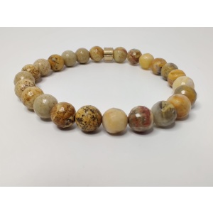 Faceted yellow crazy lace agate and picture jasper stretch bracelet with gold plated groove barrel bead slide