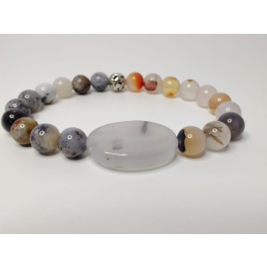 Black dendritic opal and Madagascar dendritic agate stretch bracelet with angel chalcedony oval