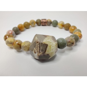 Faceted yellow crazy lace agate and wild horse picture jasper stretch bracelet with faceted septarian nugget and antique copper spacer