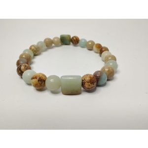 Faceted round picture jasper and black gold amazonite and black gold amazonite puff square stretch bracelet