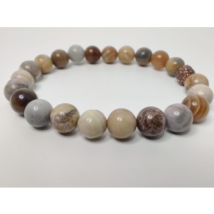 Picasso jasper and wood opalite stretch bracelet with antique copper bead