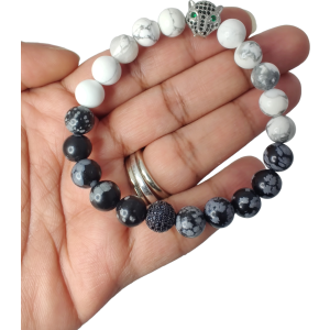 Howlite and snowflake obsidian stretch bracelet with leopard head spacer and shamballa bead