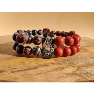 Double drilled Mexican red snowflake jasper, brecciated jasper, red jasper, and snowflake obsidian stretch bracelet